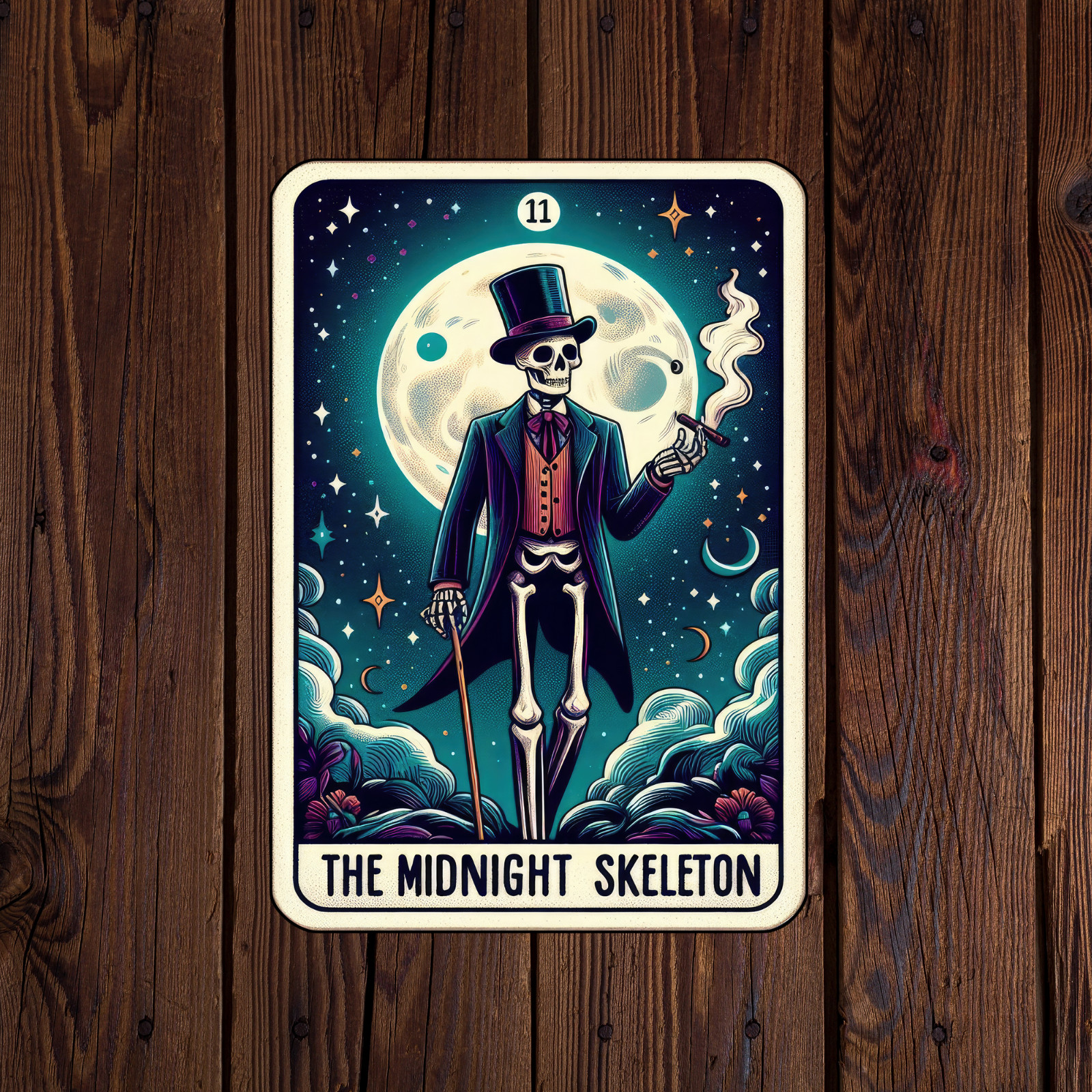 Tarot card sticker vinyl decal the midnight skeleton moon stars cigar mug