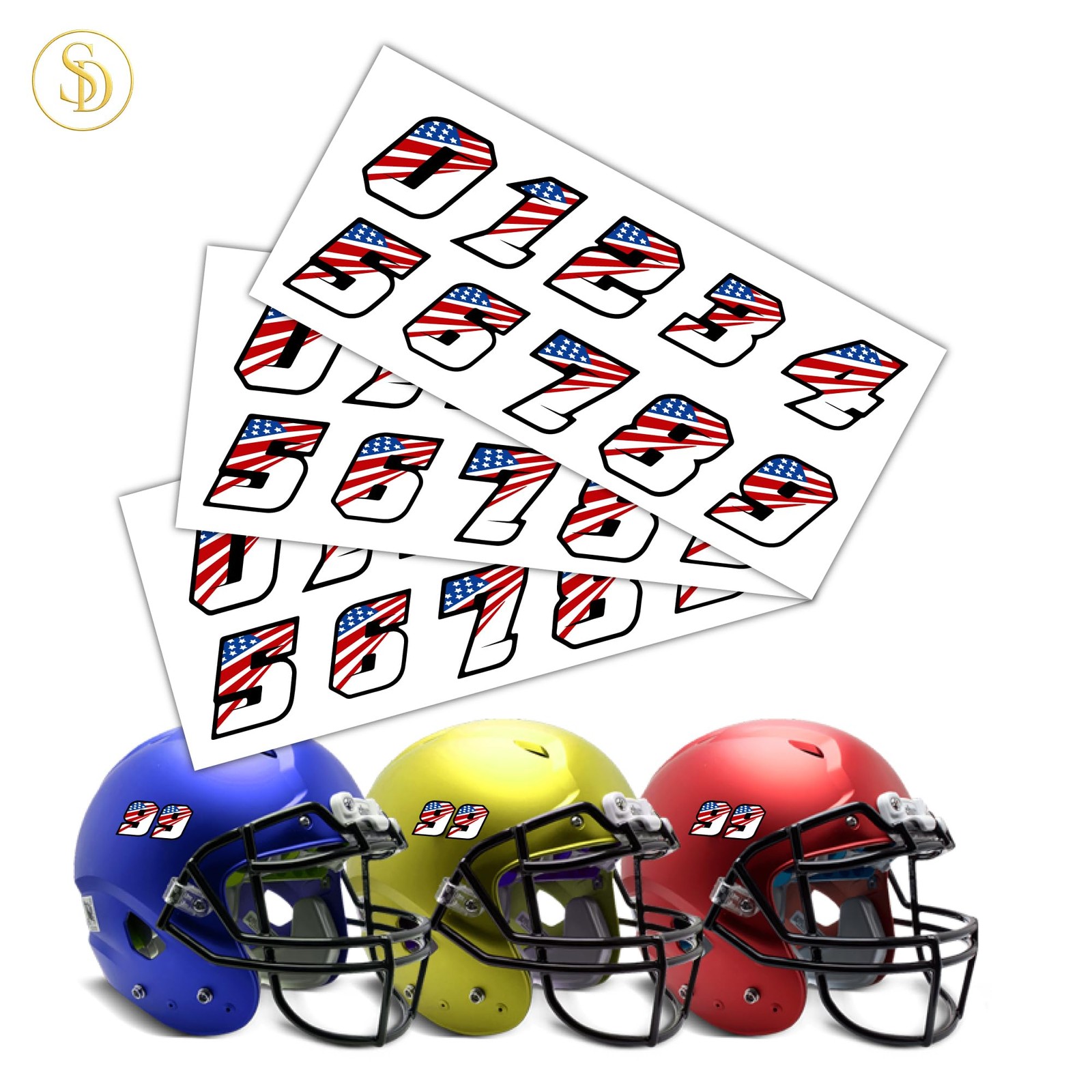 Patriotic American Flag Number Stickers for Helmets, Blue, Red, Black, White
