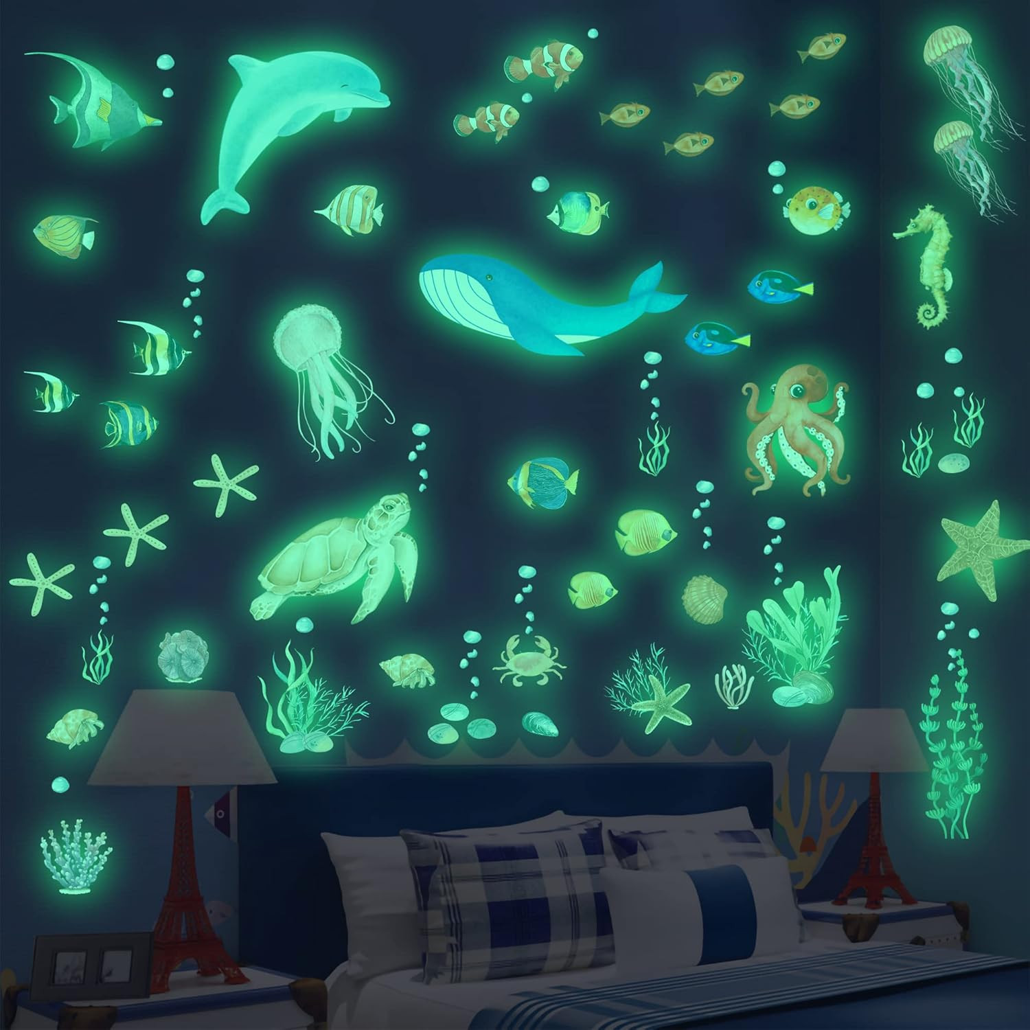 Sea Turtle Ocean Fish Wall Decals Glow in The Dark, Under The Sea Life Animals S