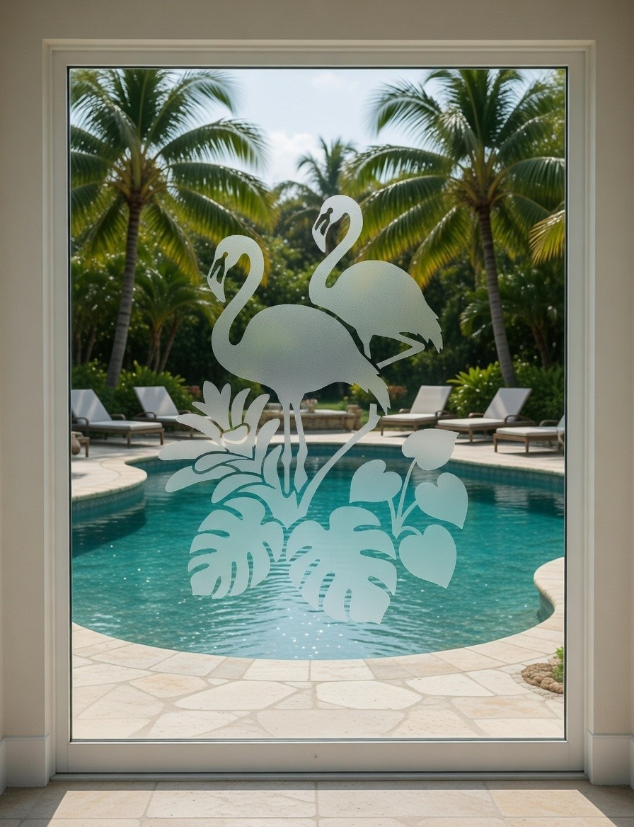 Flamingo Tropical Etched Glass Look Decal Shower Door Windows 22″ wide x 30″