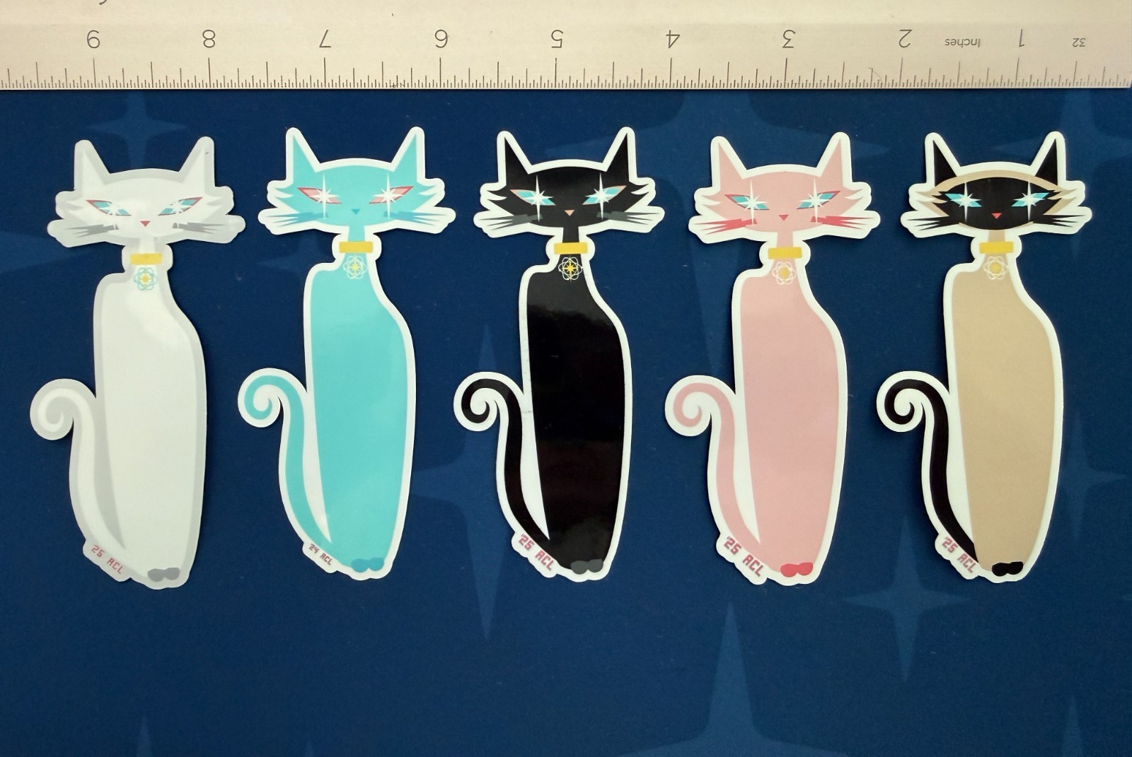 Retro Set 5 Atomic Mid Century Cat stickers – White, Aqua, Black, Pink & Siamese