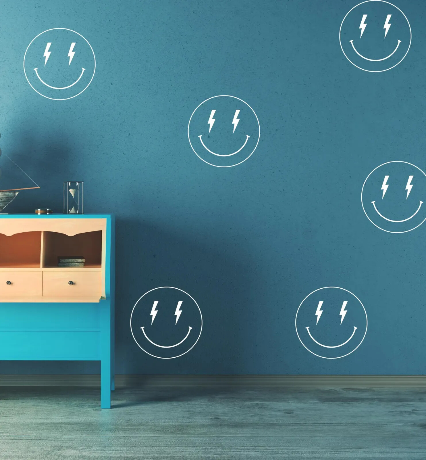 Set of 6 Smiley Face Wall Decals with Lightning Bolt Eyes 10×10 or 22×22 n087