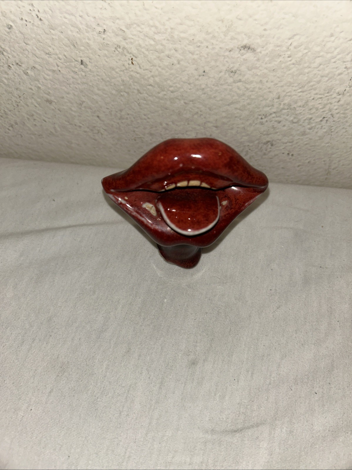 4” Vtg 70s Ceramic Red Lips Open Mouth Sculpture Funky Independent Art Pop Decor