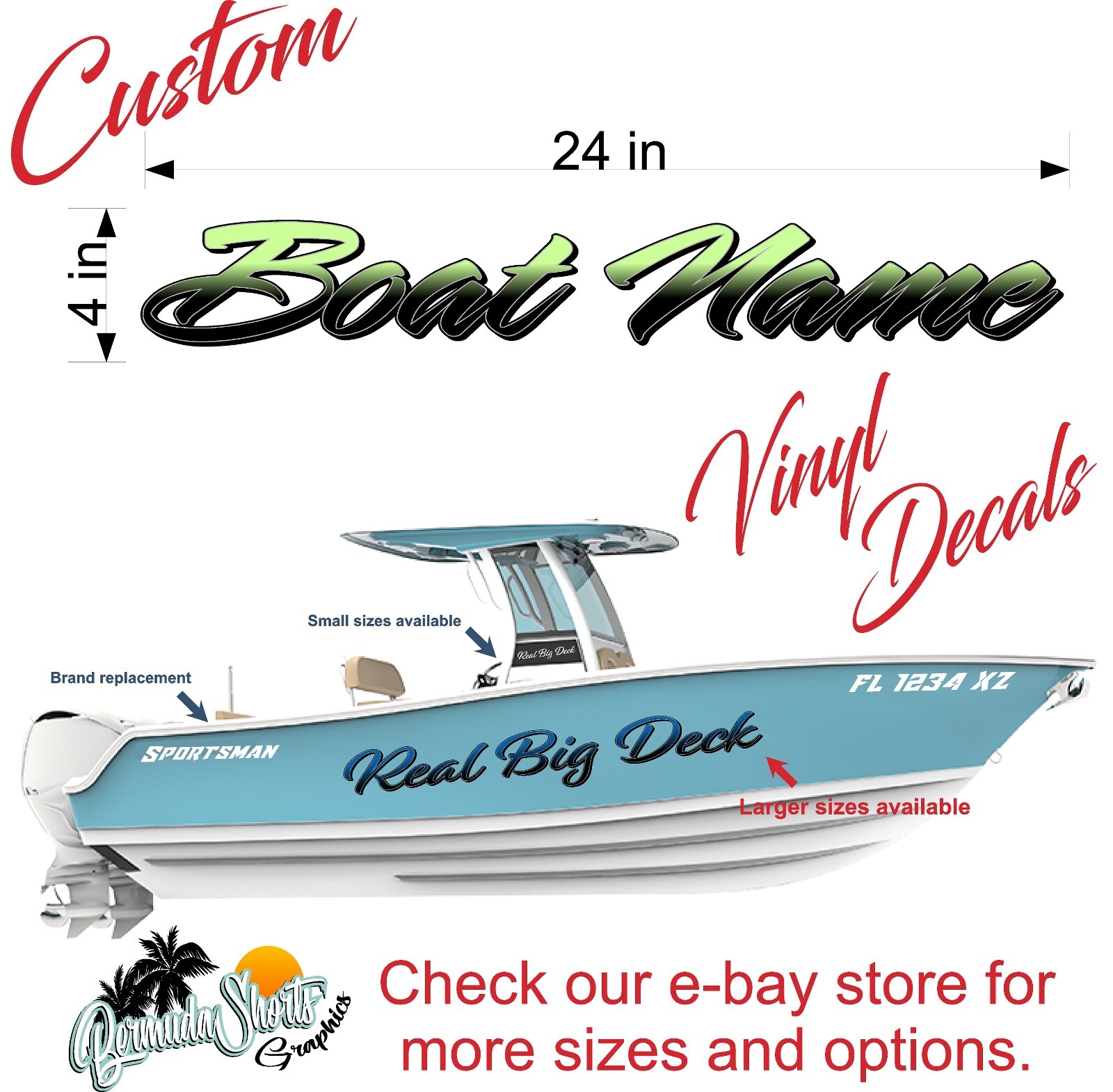 Boat Name Decal 4×24″ / Custom Hull Graphic / Premium Marine Vinyl Lettering GRB