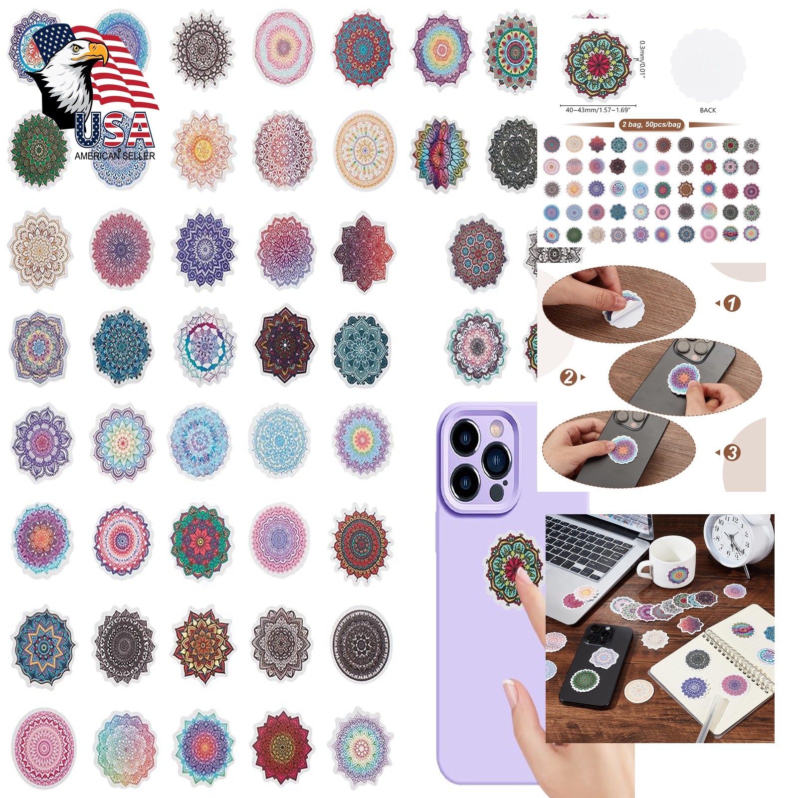 AHANDMAKER 100Pcs Mandala Flower Stickers Waterproof