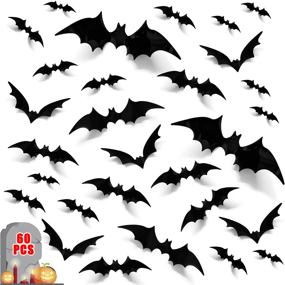 60PCS 3D Bats Scary Stickers Halloween Decoration Realistic PVC Home Party Decor