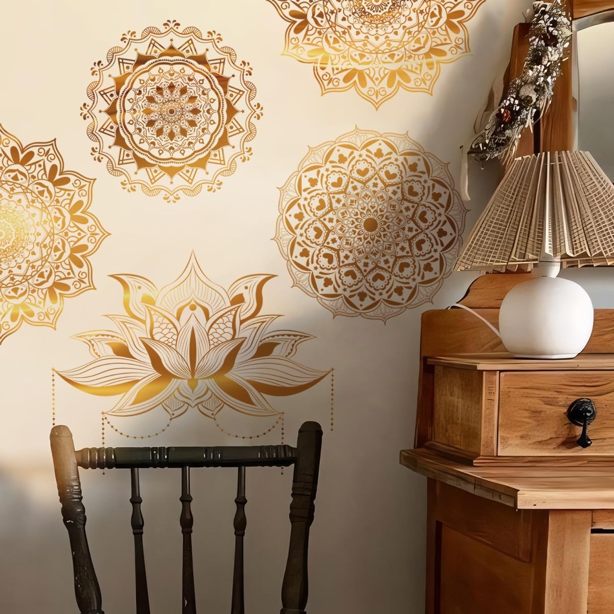Mandala Wall Stickers Boho Large Gold Lotus Floral Wall Decal Peel and Stick …