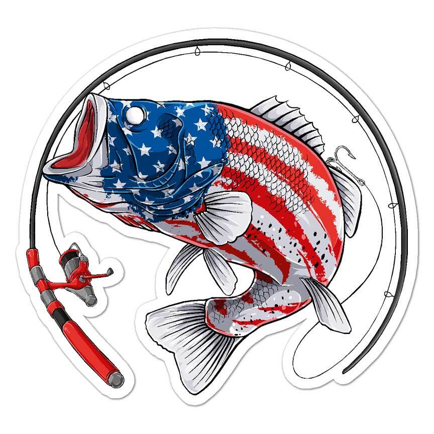 American Flag Bass Fishing, Vinyl Decal Sticker, Indoor Outdoor, 3 Sizes, #8076