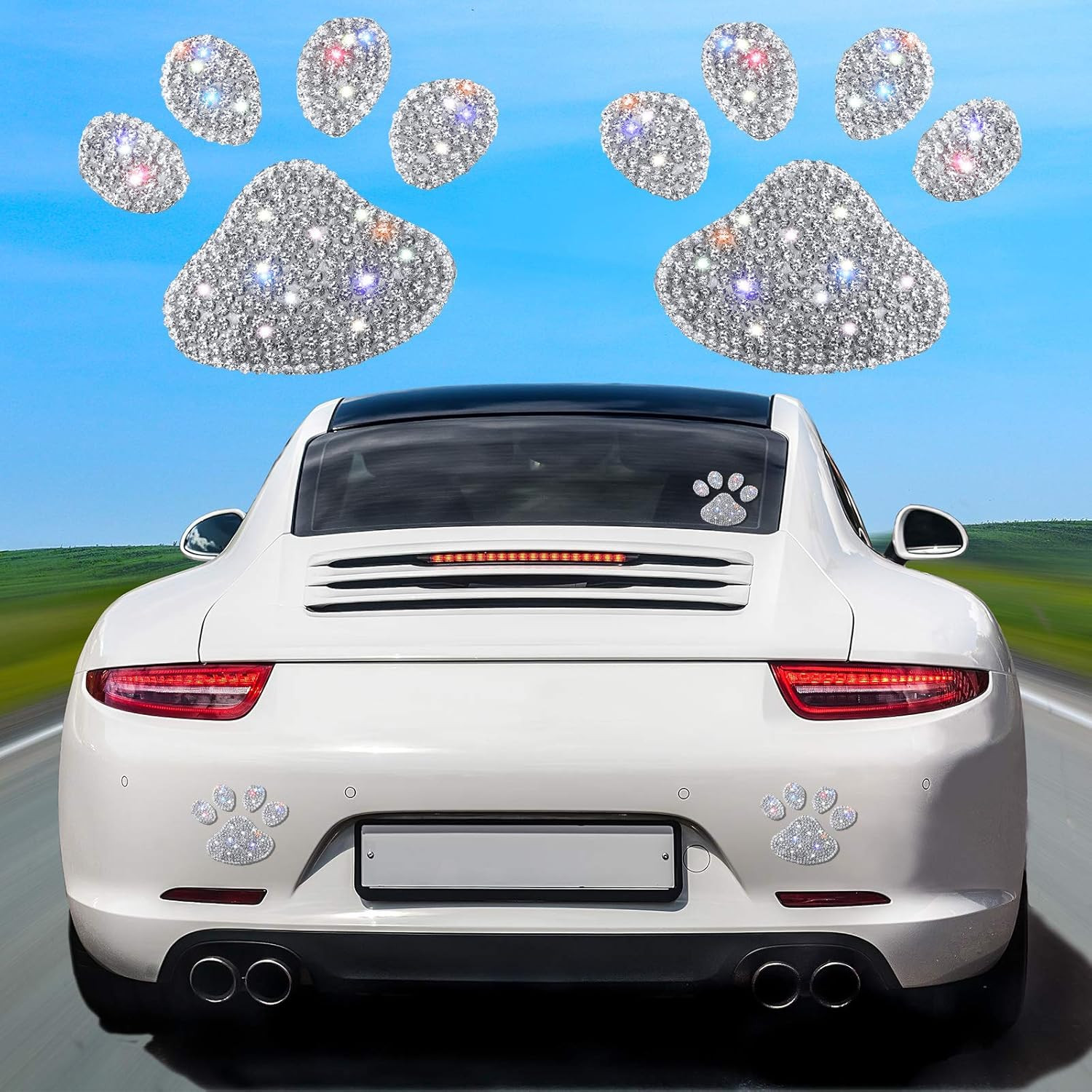 4 Pcs Bling Paw Print Car Decal Dog Paw Print Stickers Bling Rhinestone Decorati