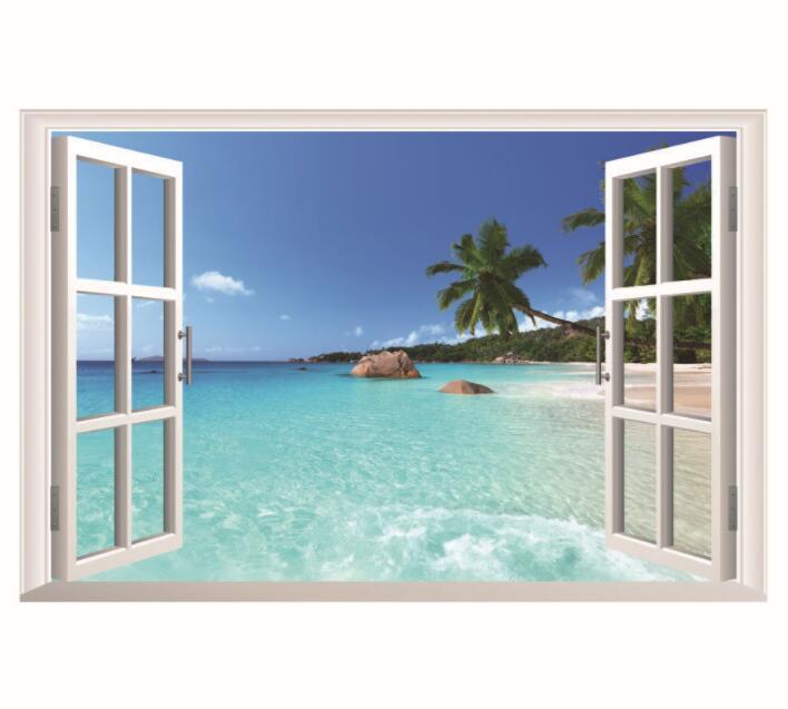 Wall Sticker 3D Window Hawaii Beach Living Room Bedroom Decal Lobby