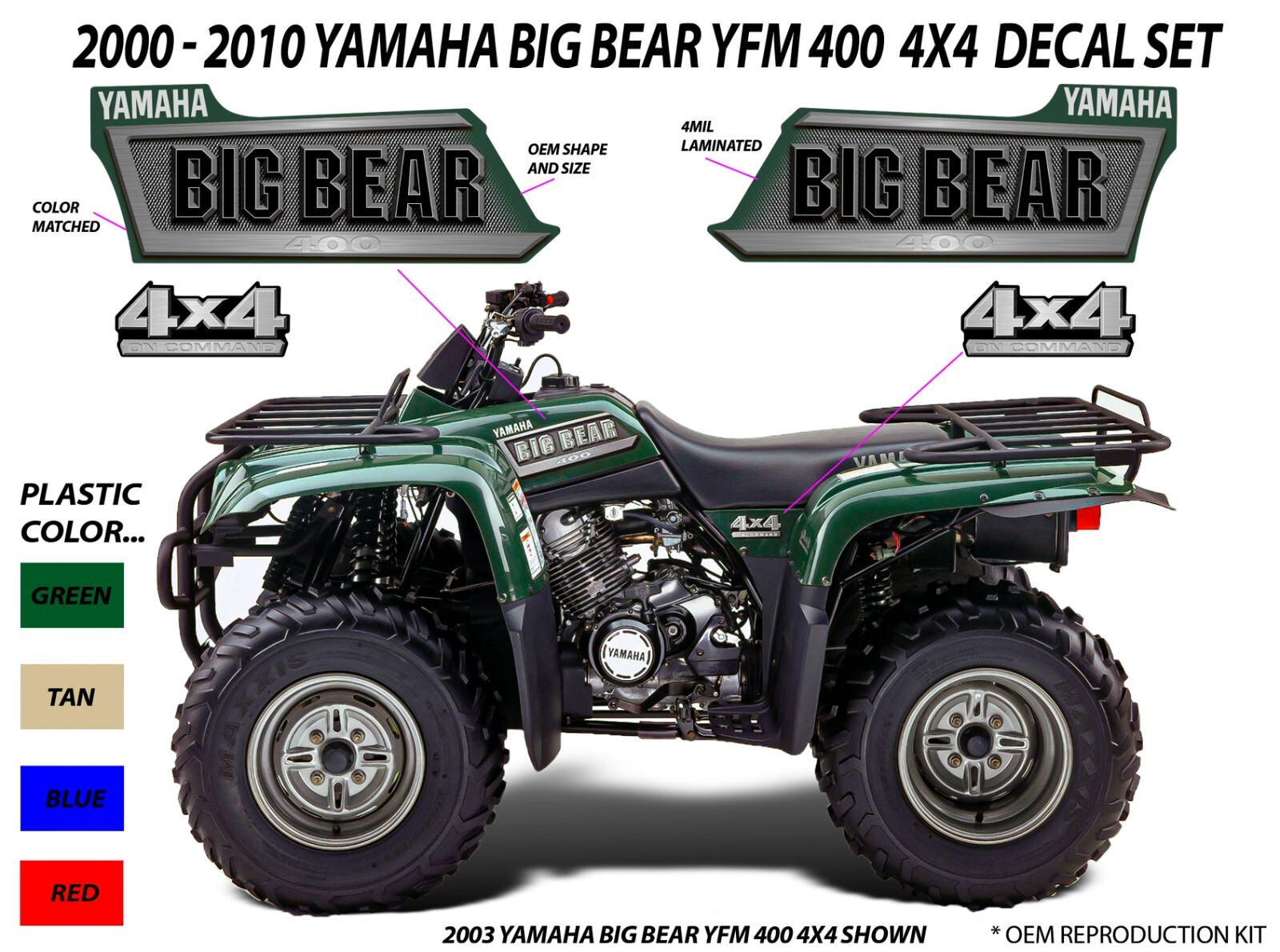 Yamaha Big Bear YFM 400 OEM Tank Side Decal Emblem Sticker Graphic Set Kit 4×4