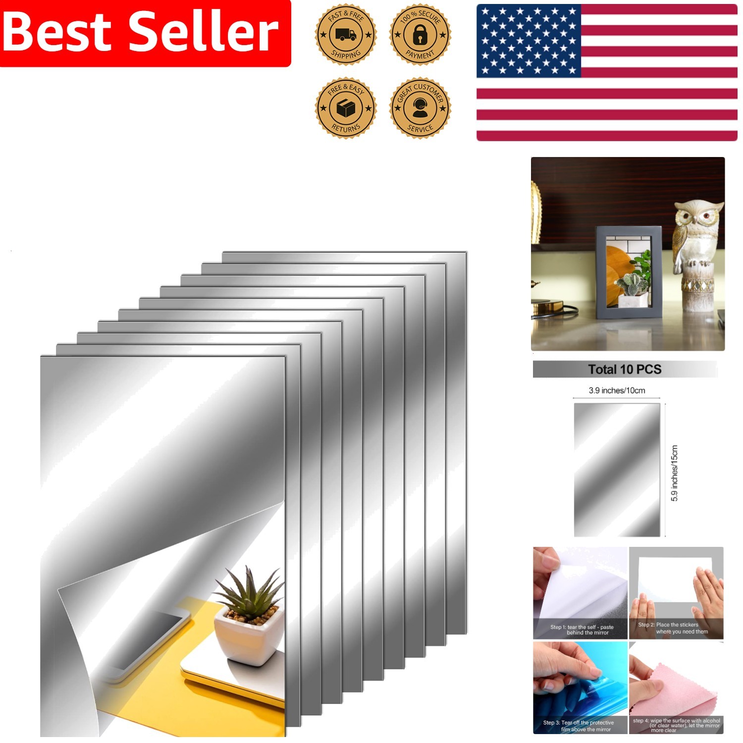 Adhesive Mirror Tiles Stickers 10 Pack 4×6 Inch Unbreakable Wall Decor