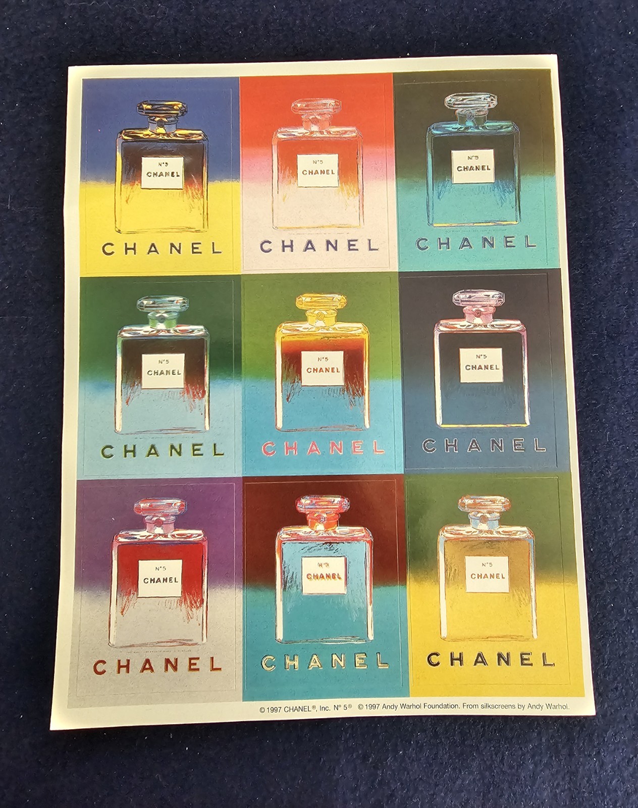 Authentic Set of 9 Paper 1997 Andy Warhol Chanel No. 5 Stickers, Each 2.5″ x 2″