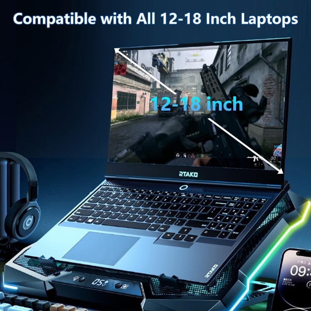 Gaming Laptop Cooling Pad 12-18 Inch Cooler with 10 Turbo Fans USB Adjus