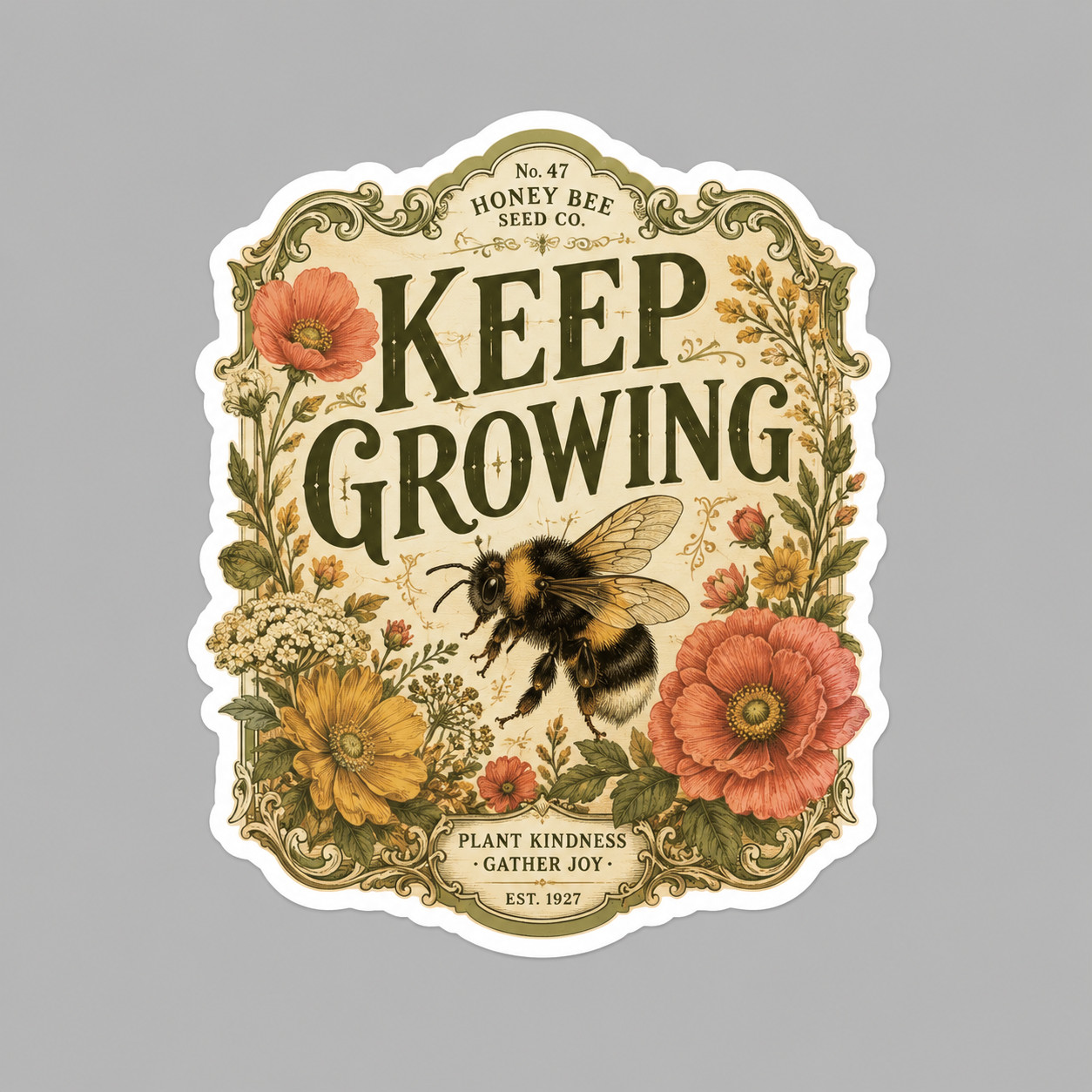 Bumble Bee Sticker Vinyl Decal Keep Growing Vintage Seed Packet Floral Garden