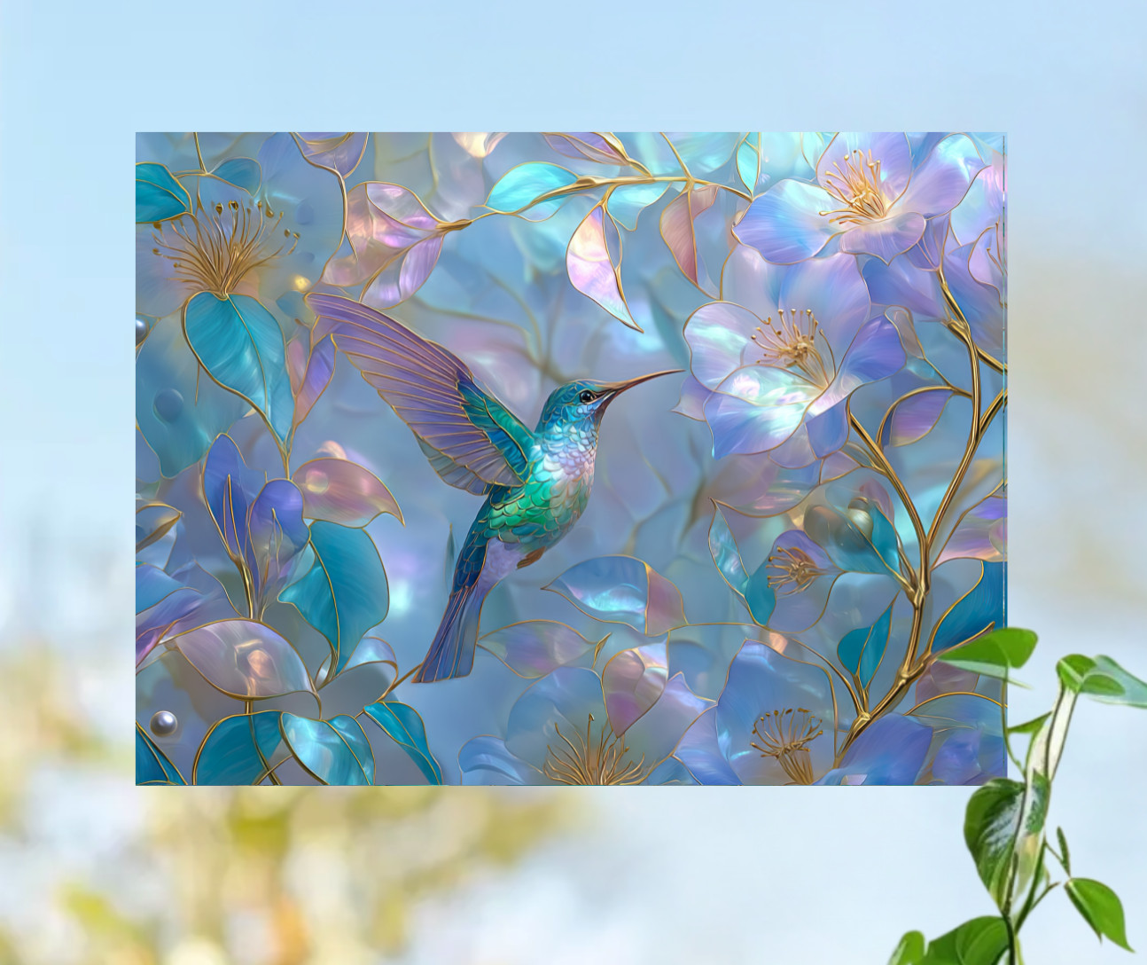 Hummingbird Faux Stained Glass WINDOW CLING Size 10.6″ Vinyl Window Decoration