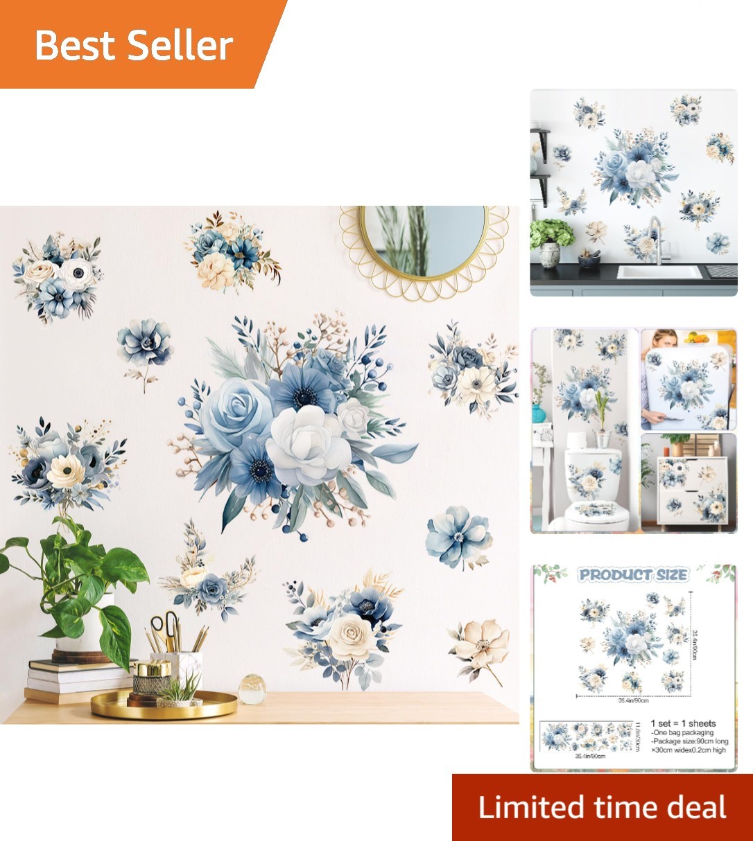 Blue Peony Flower Wall Decals Peel and Stick Rose Leaf Botanical Wall Sticker…