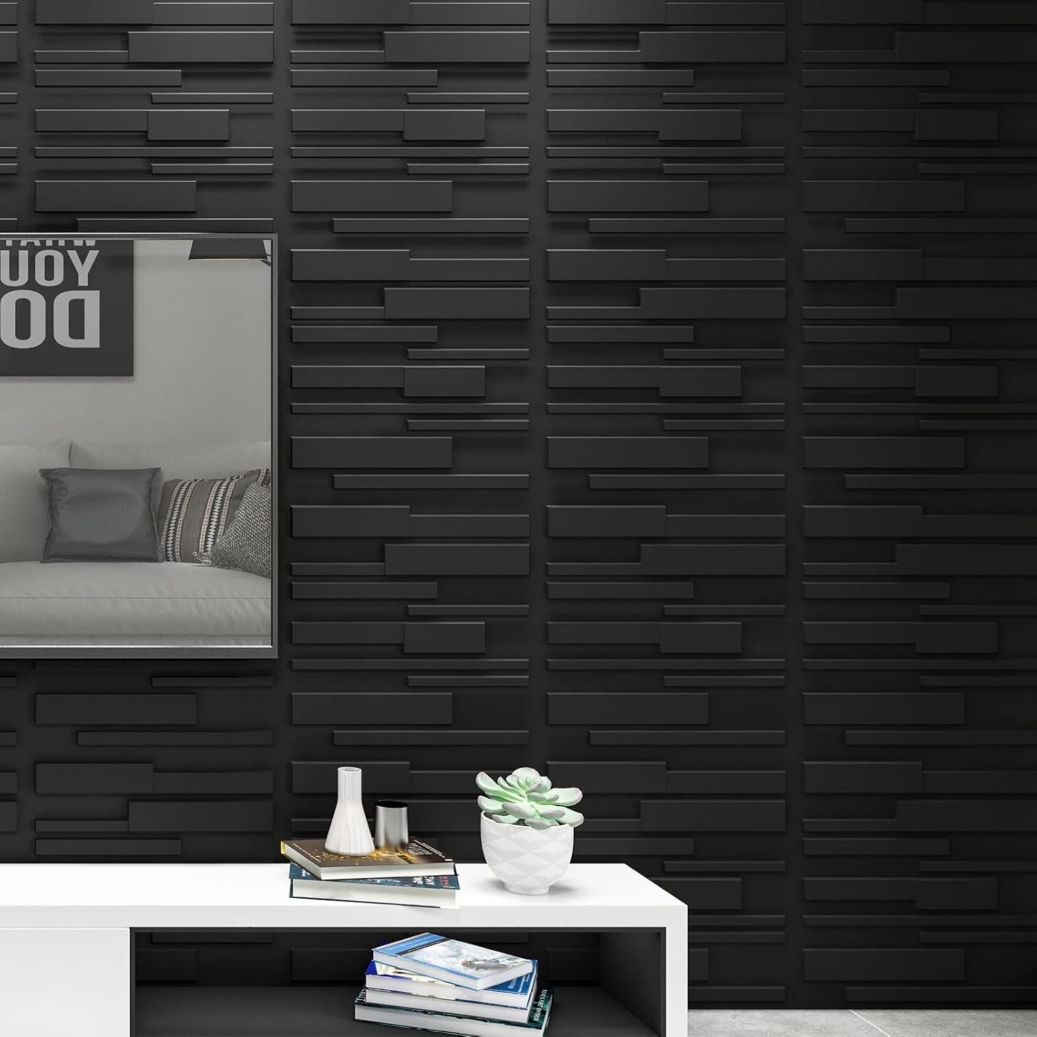 19.7×19.7in PVC 3D Wall Panels Pack of 12 Geometric Black DIY Decor