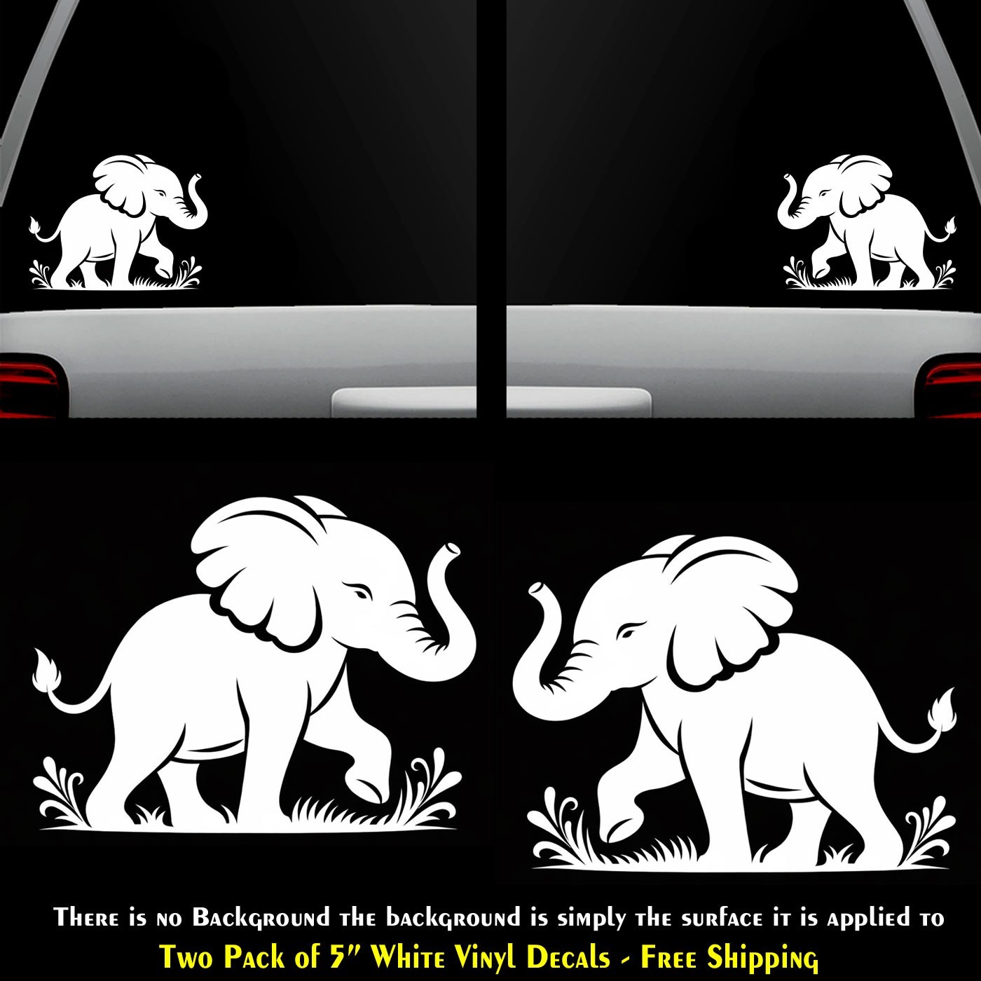 Elephant with Trunk Up Two 5″ White Vinyl Decals Window Vehicle Any Flat Surface