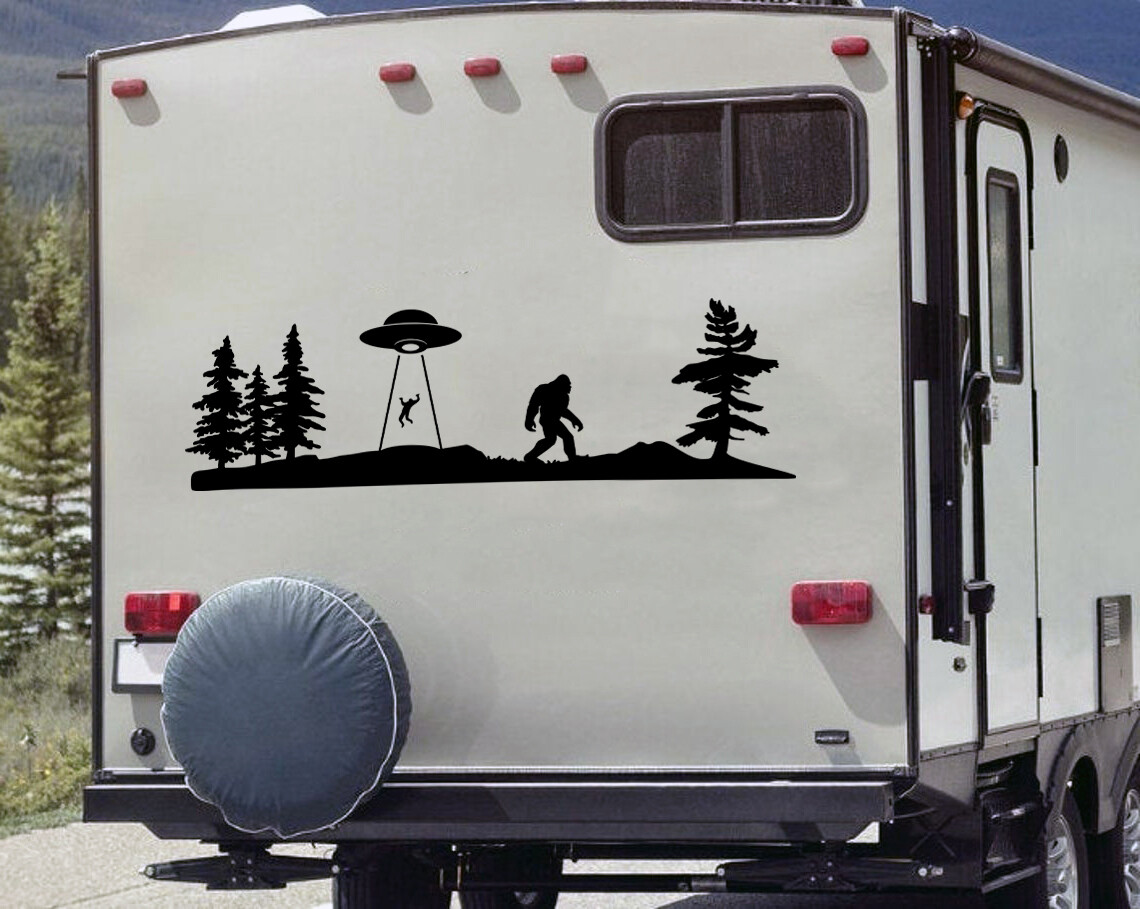 Bigfoot UFO Forest Scene V2 Vinyl Decal | Cryptid Mythology Die Cut Sticker