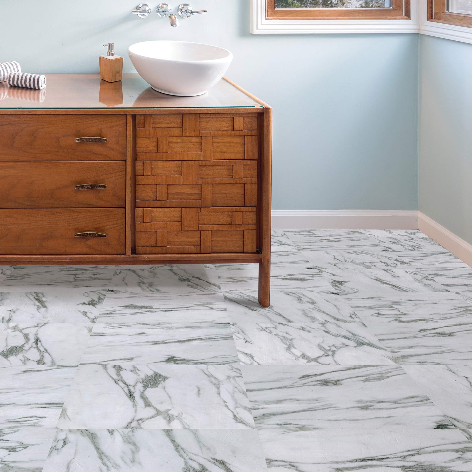 Opaline Peel and Stick Floor Tiles, White Marble Look Removable Vinyl Floorin…
