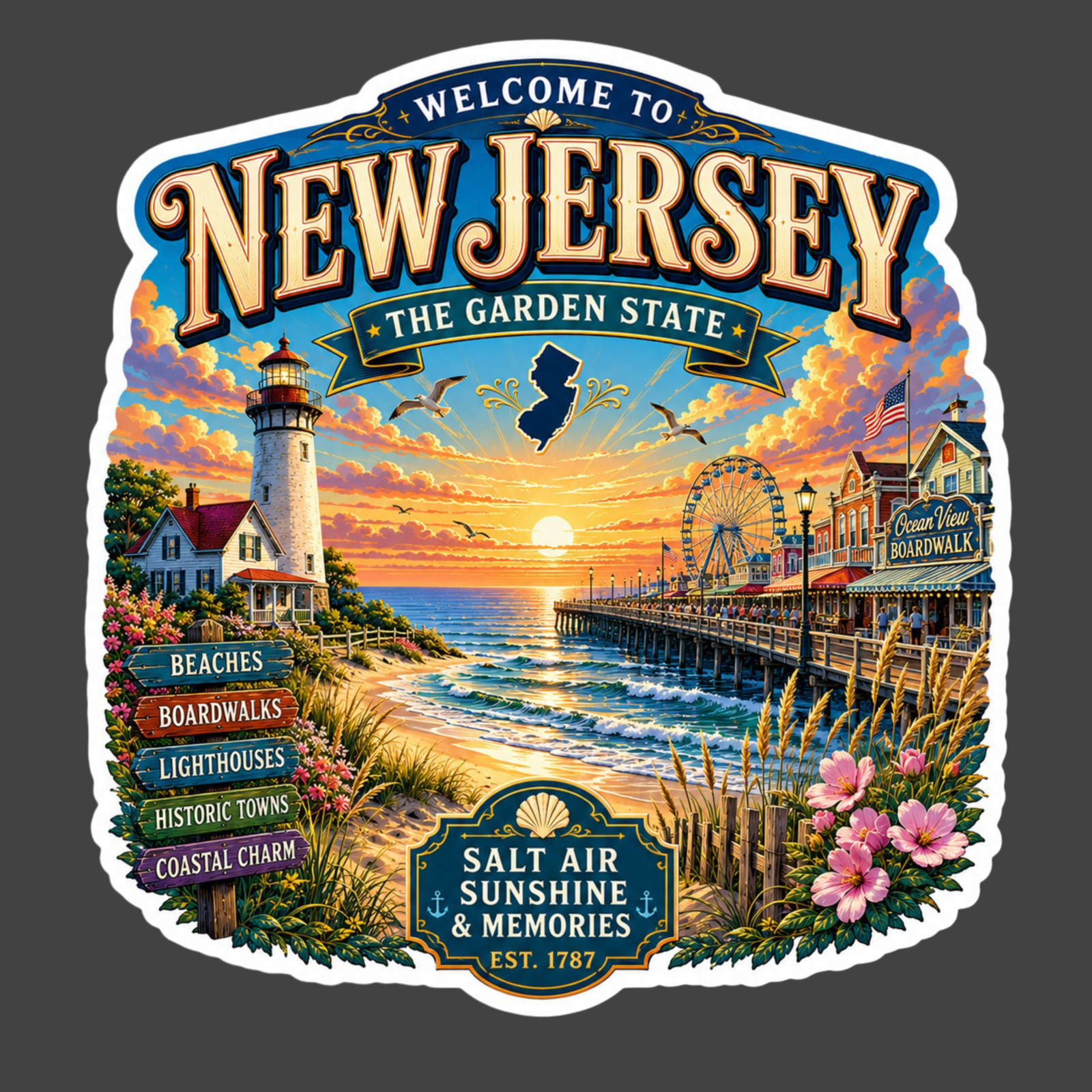 New Jersey Sticker Vinyl Decal Boardwalk Beach Lighthouse Travel Souvenir Gift