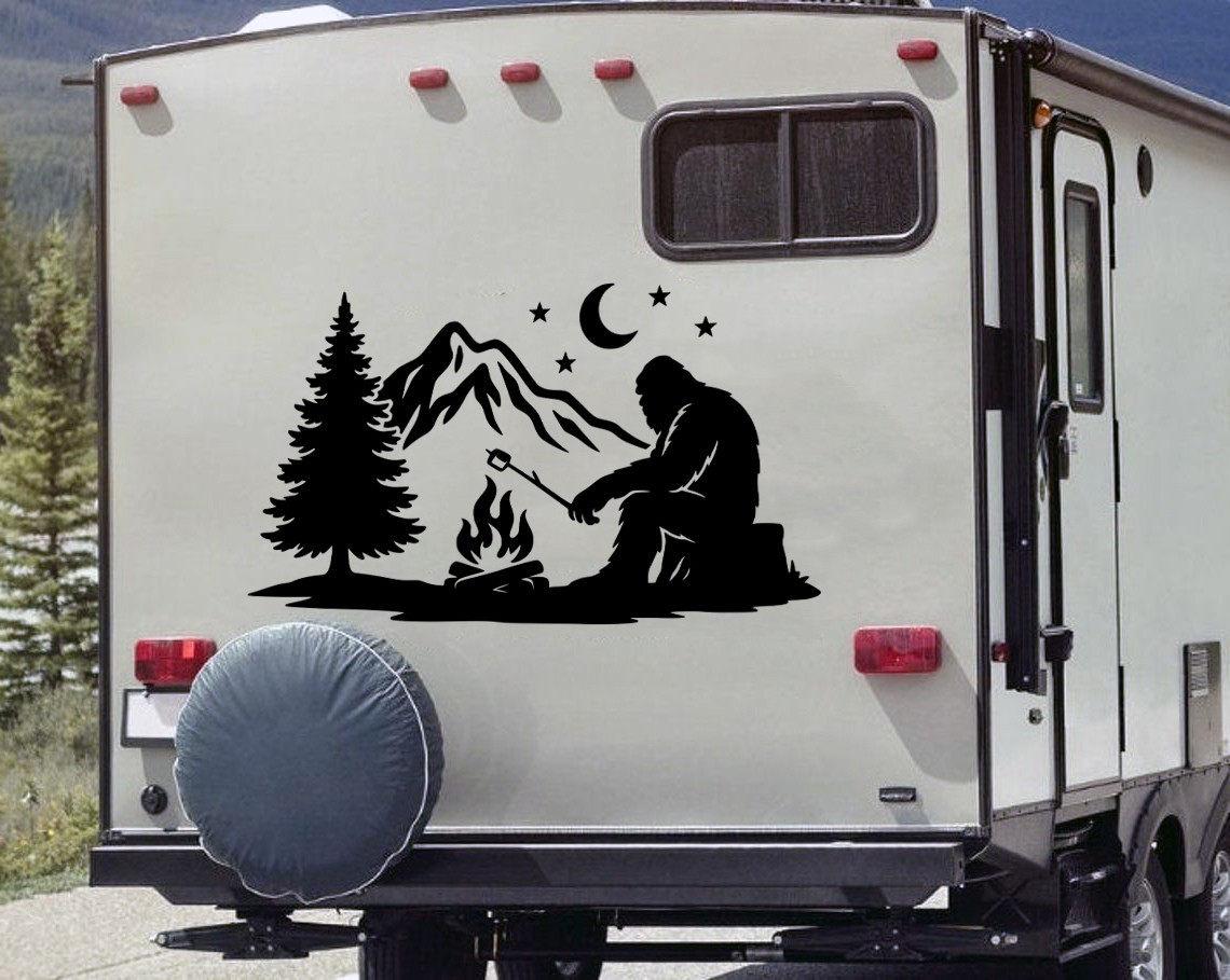 Bigfoot Campfire V2 Vinyl Decal Sasquatch Roasting Marshmallow Sticker Camping