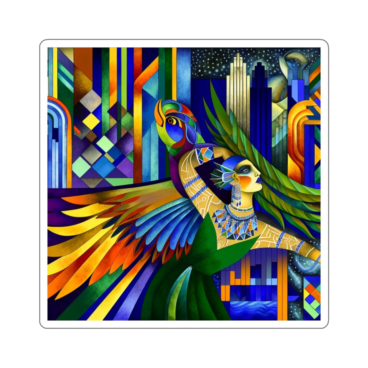 Sticker Vibrant Art Deco Woman-Bird Transformation Print 2×2″ 3×3″ 4×4″ 6×6″