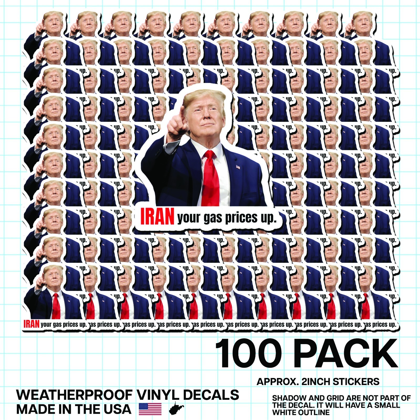 Trump “Iran Prices Up!” Sticker 100 Pack Funny Political Gas Meme Decal 2″