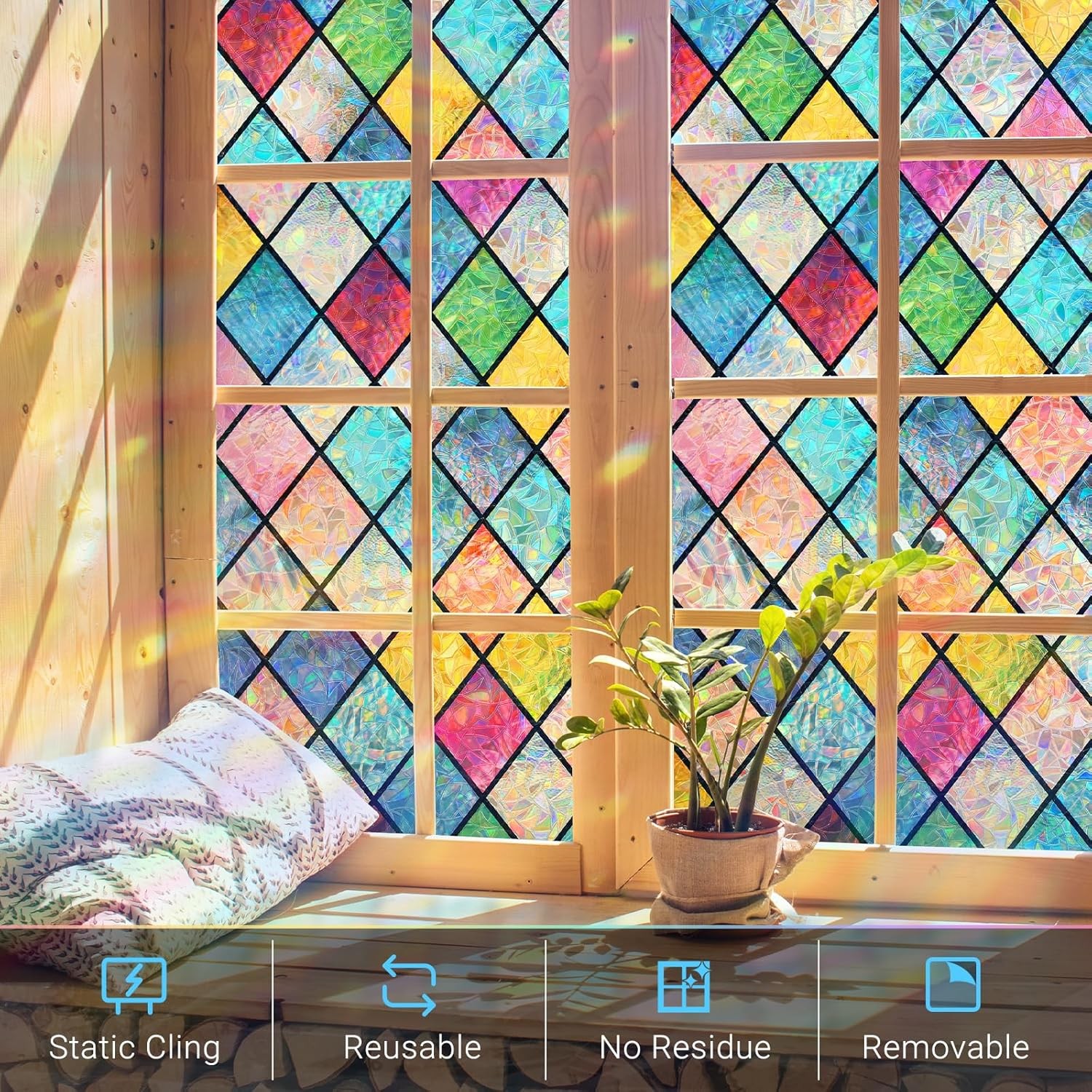 Haton Window Privacy Film Stained Glass Rainbow 17.5×78.7