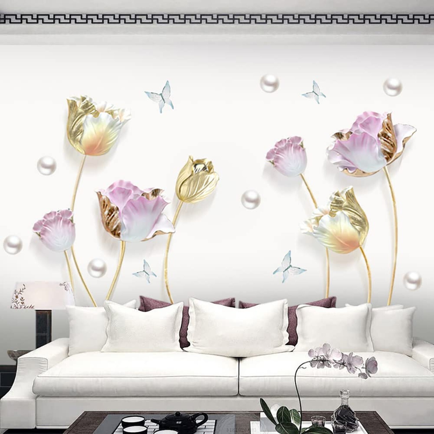 Runtoo Large 3D Flower Wall Stickers Gold Tulip Floral Wall Art Decals for Li…