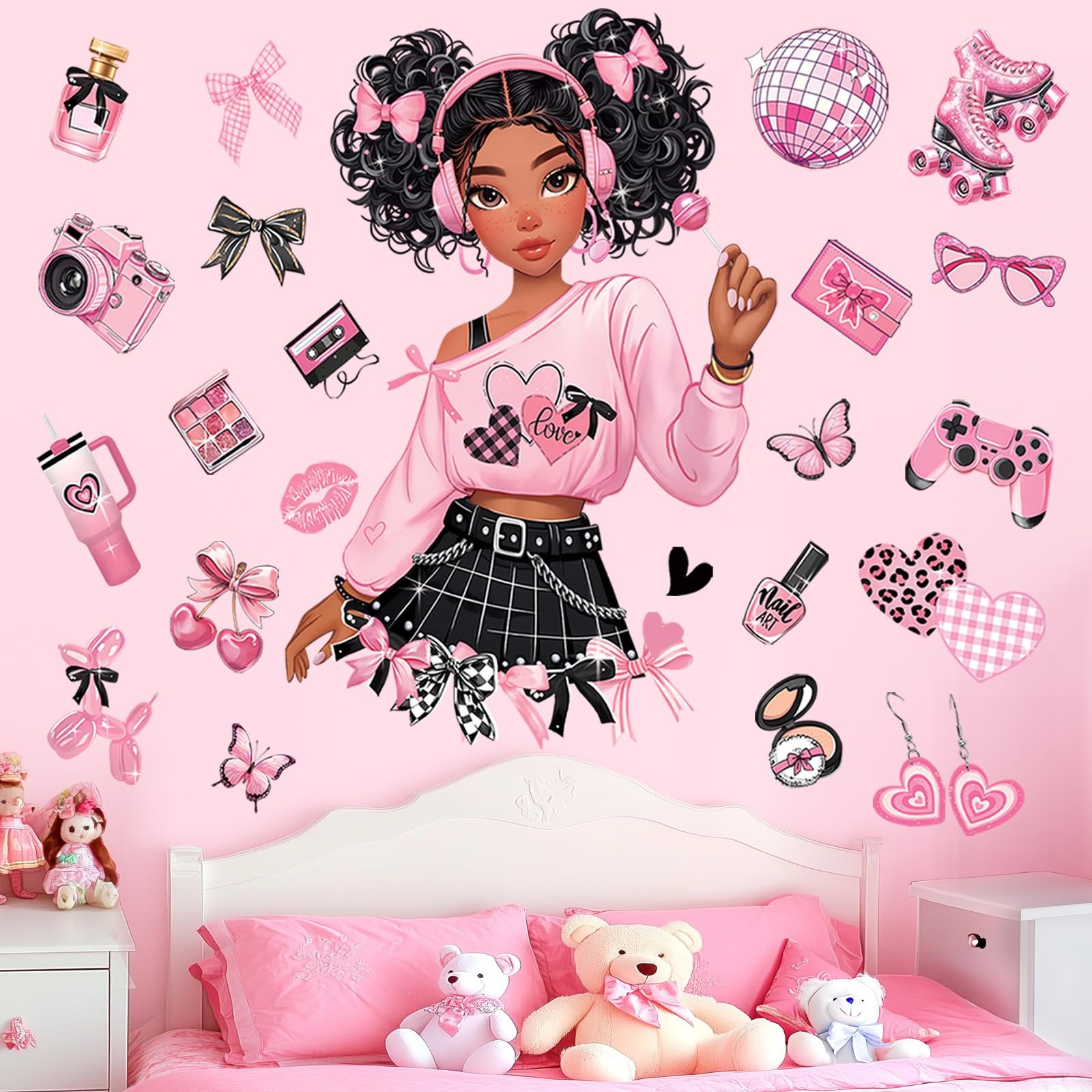 Black Girl Wall Stickers Pink Bow Butterfly African American Wall Decals Baby…