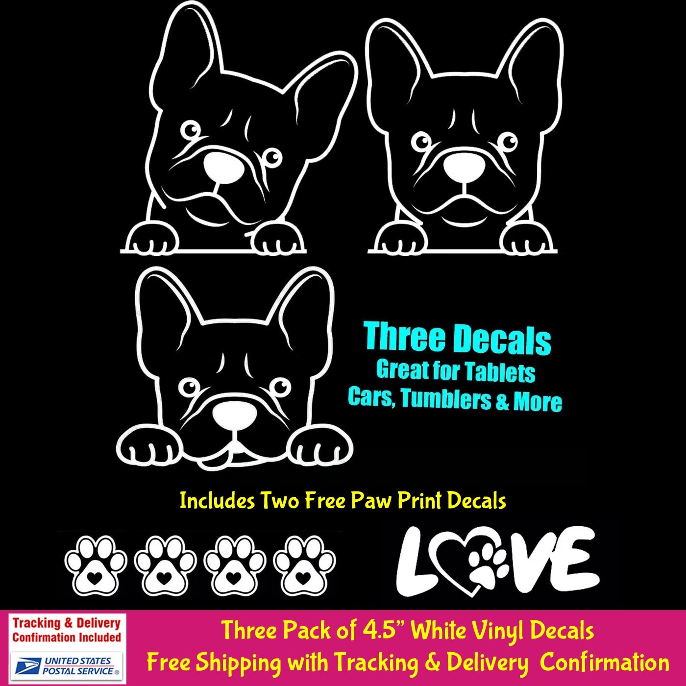 3 Pack Peeking French Bulldog Frenchies White vinyl decals car truck Window