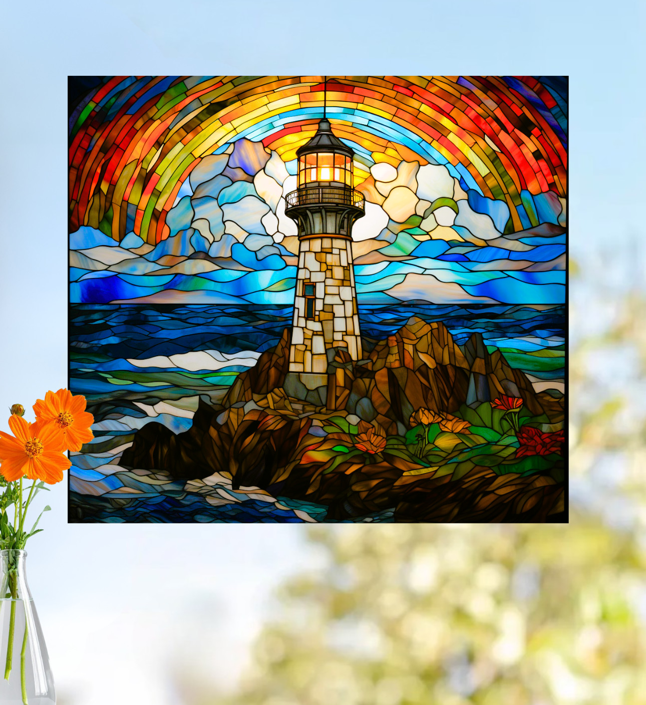 Lighthouse Faux Stained-Glass WINDOW CLING Size 9.1″ Repositionable Vinyl