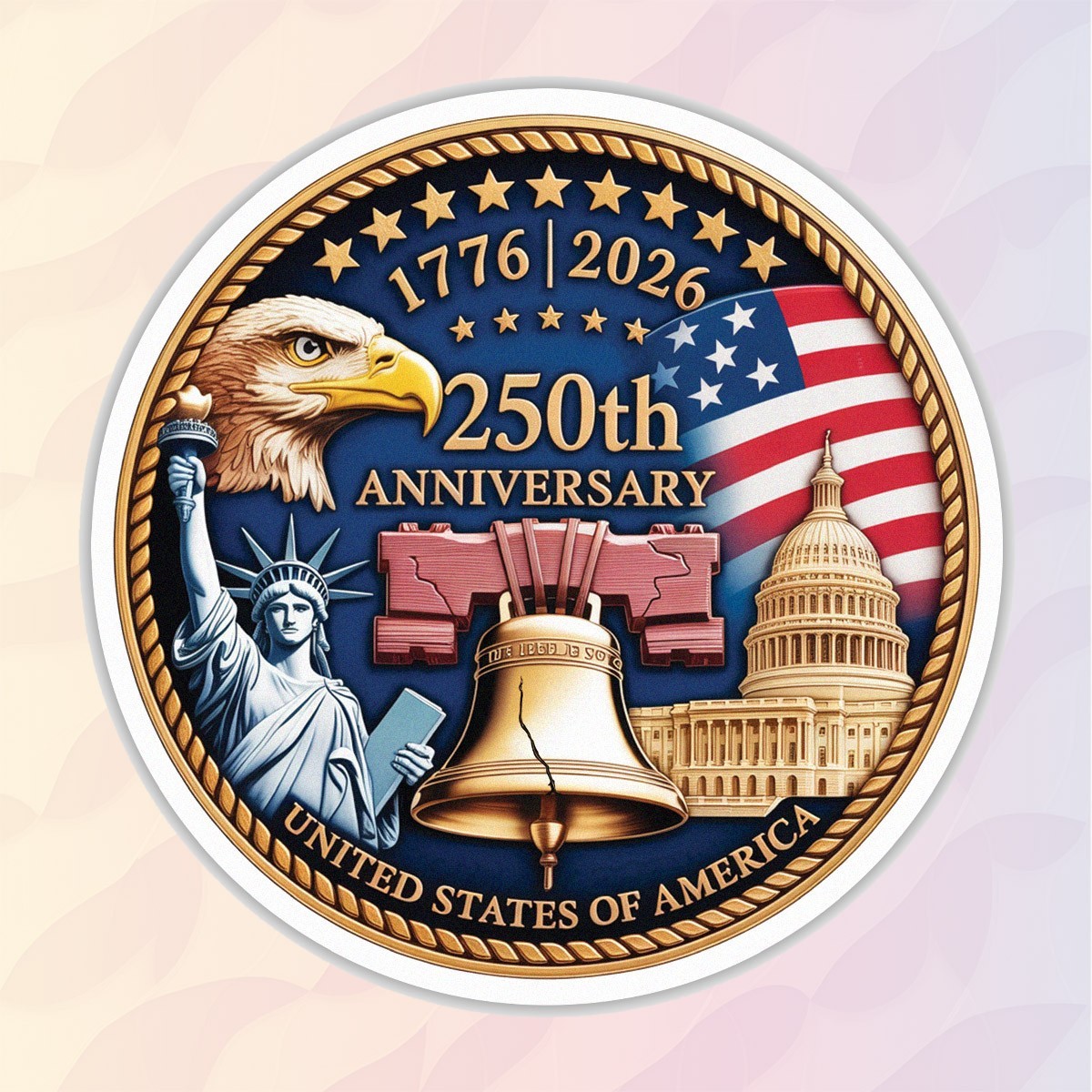 250th Anniversary of USA Sticker, Patriotic Eagle Flag Liberty Bell Size 4″