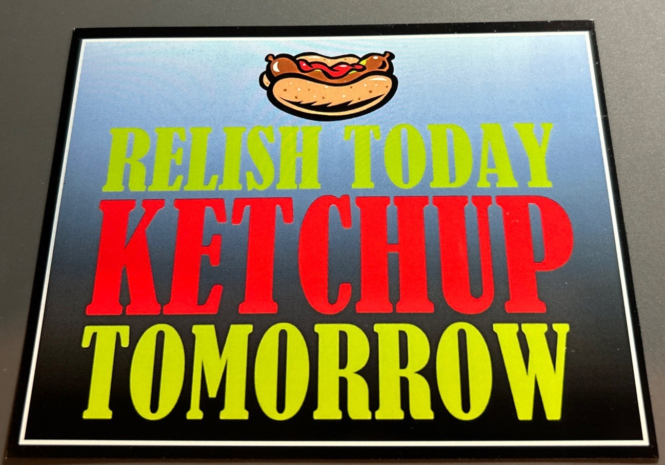 Large Magnet: RELISH TODAY! KETCHUP (catch up) TOMORROW! (Food / Hot Dog Humor)