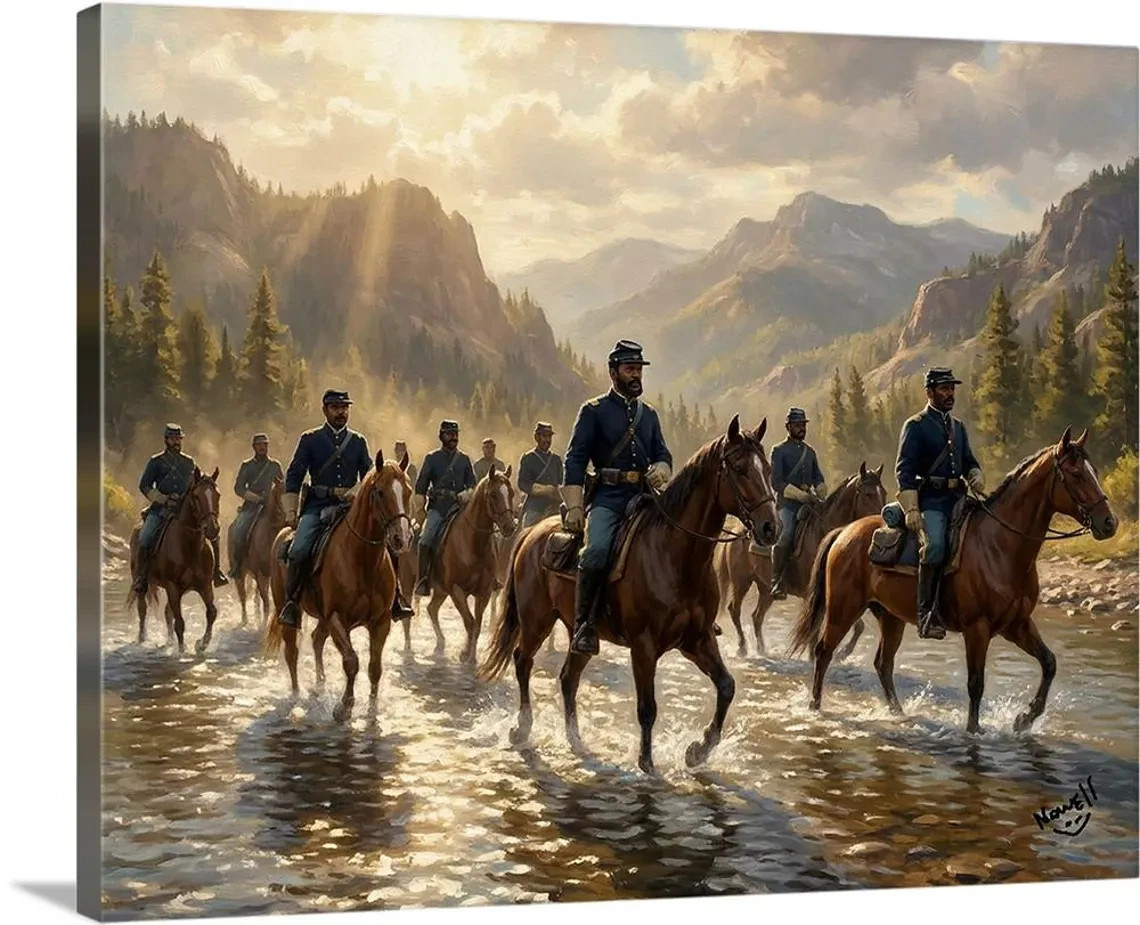 African American Buffalo Soldiers On Horseback 1870 River Crossing Canvas Wrap