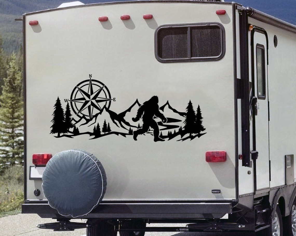 Mountains Compass Bigfoot Vinyl Decal Sticker – Sasquatch Hiking Camping RV Car