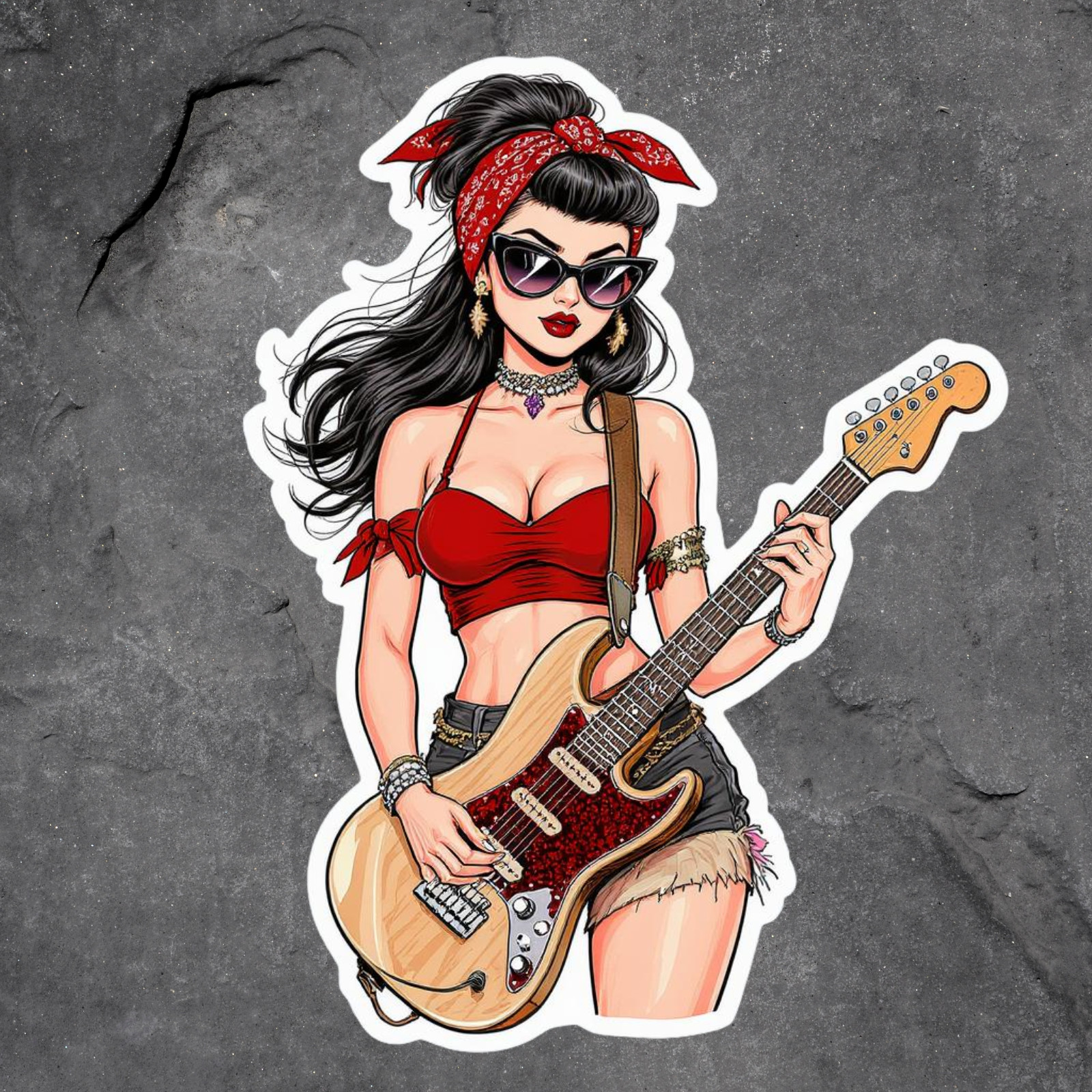 Pinup Girl Guitar Sticker Vinyl Decal Rockabilly Retro Sexy Music Babe