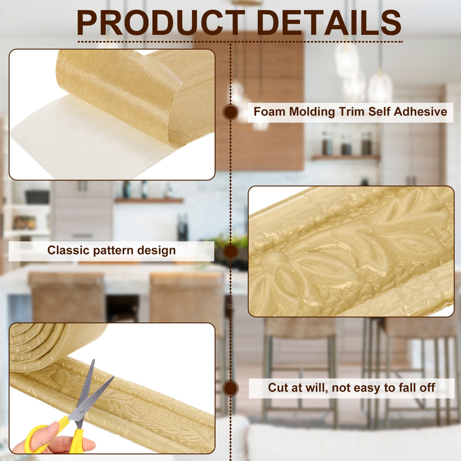 2Pcs Foam Molding Trim Self Adhesive, 1.6Inchx7.54ft Wallpaper Border, Gold