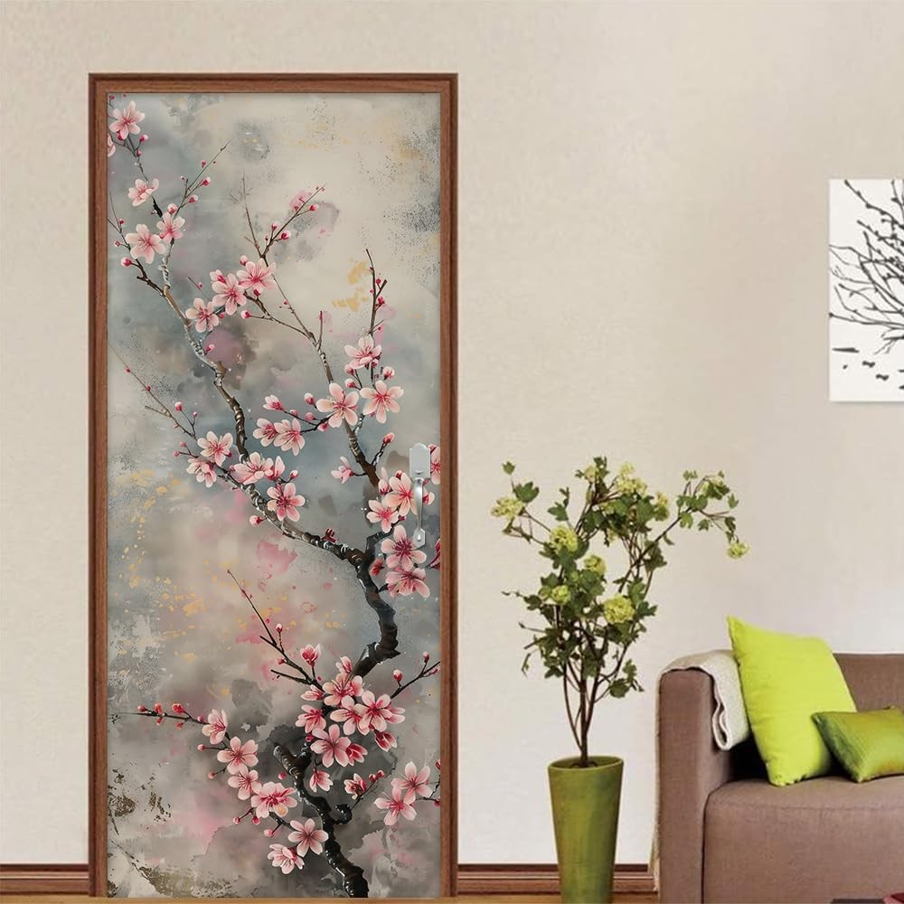 REDAMANCY Vintage Pink Cherry Flower Tree Watercolor Peel and Stick Door Stic…