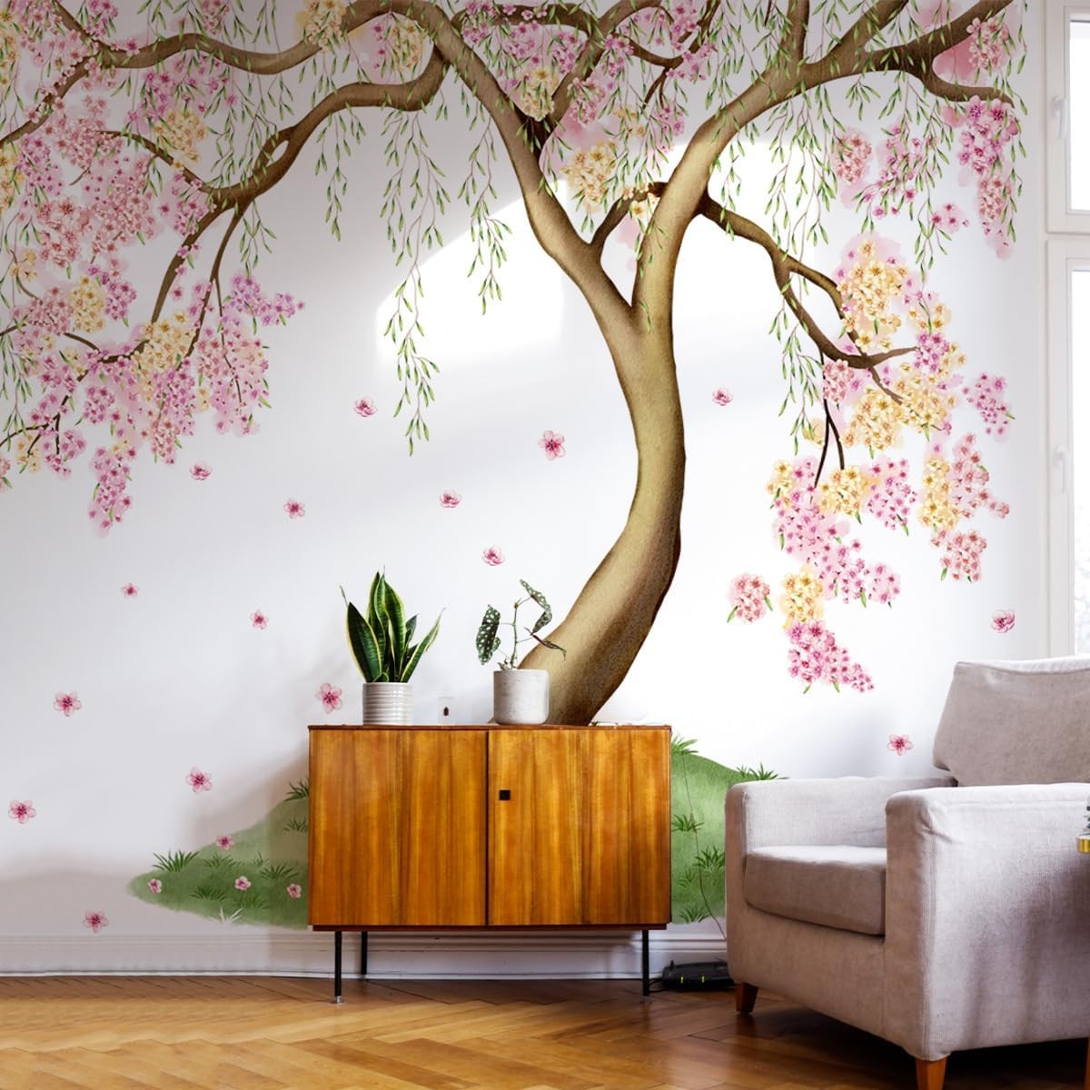 Large Pink and Yellow Cherry Blossom Tree Wall Decals Green Leaves Wall