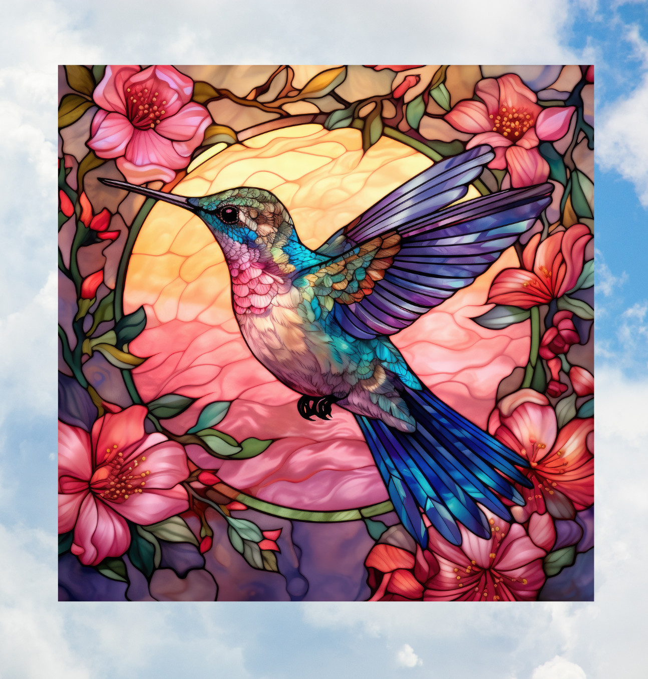 Hummingbird Faux Stained Glass WINDOW CLING Size 8″ Vinyl Window Decoration
