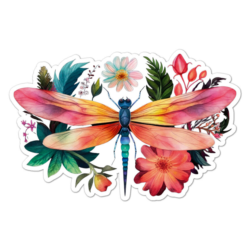 Dragonfly Flowers, Vinyl Decal Sticker, Indoor Outdoor, 3 Sizes, #9336