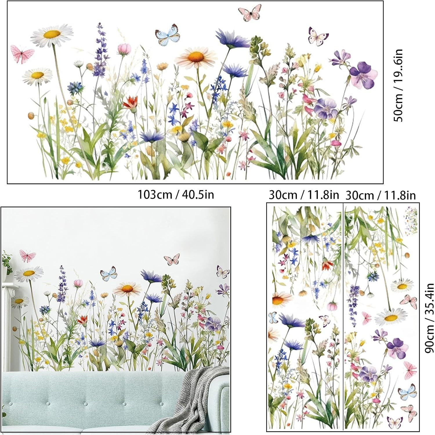 Wildflower Grass Daisy Wall Decals, Garden Floral Butterflies Flower Wall