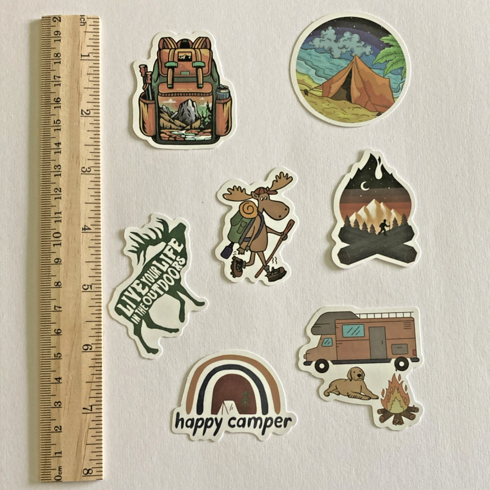 7 Camping & Outdoors Multicolor Vinyl Stickers Set, Moose, Tent, Water Resistant