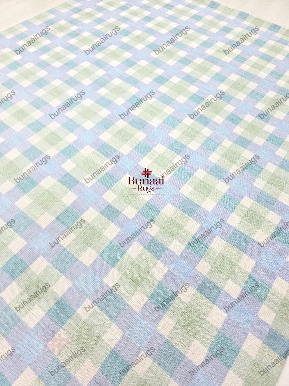 Handwoven Wool Flatweave Rug, Blue Green Checkered Plaid, Scandinavian Decor