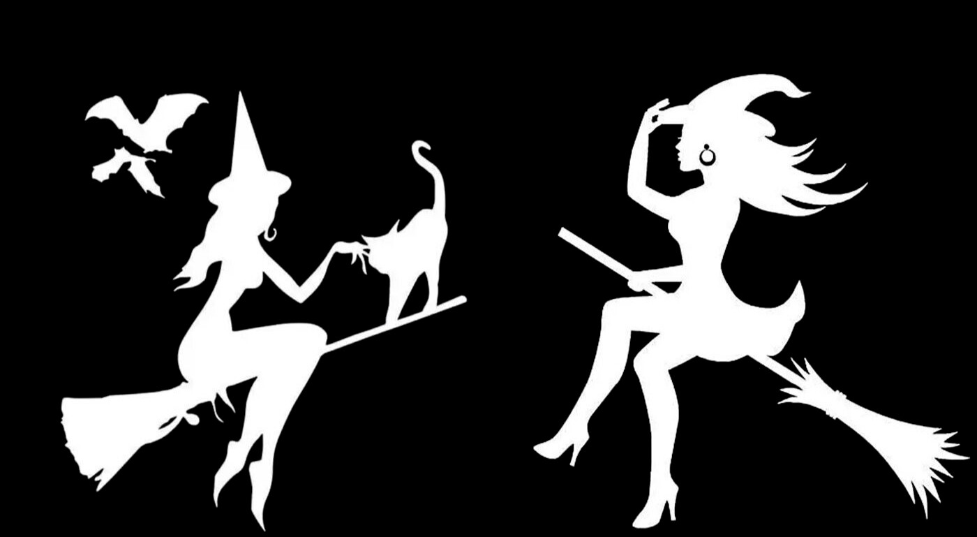Cute Witch Bats & Cat – Two PK 5″ White Vinyl Decal Car Windows laptop notebook
