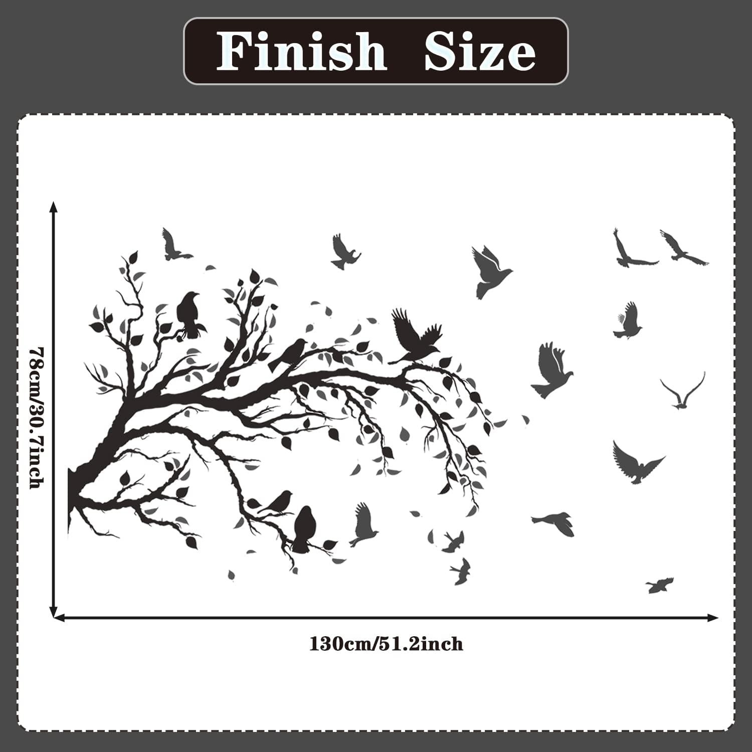 Black Tree Branch Flying Birds Wall Decal 50″” × 30″” DIY Birds Left to Right