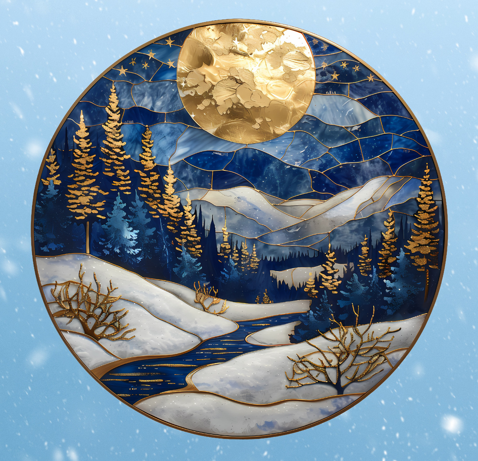 Winter Landscape & Full Moon Faux Stained Glass WINDOW CLING Size 8″ Round Vinyl